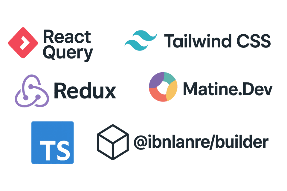 React Query, Mantine, Tailwind, @ibnlanre/builder, Redux